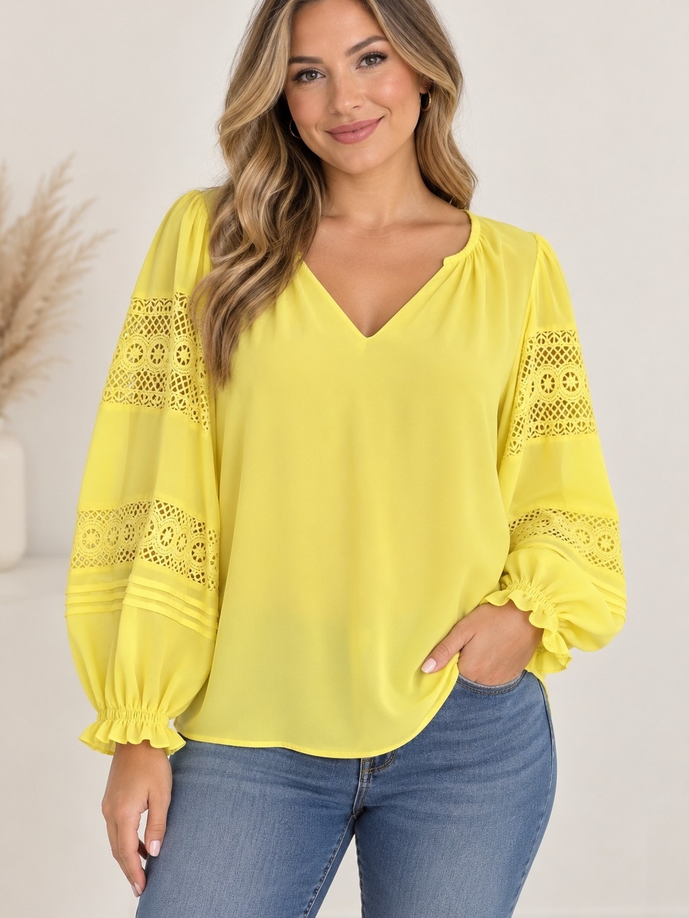 Joseph Ribkoff Yellow V-Neck Blouse with Lace-Inset Balloon Sleeves